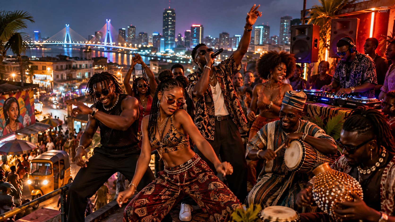A vibrant Lagos nightlife scene where Afrohouse, Fuji percussion and street-rave energy collide.