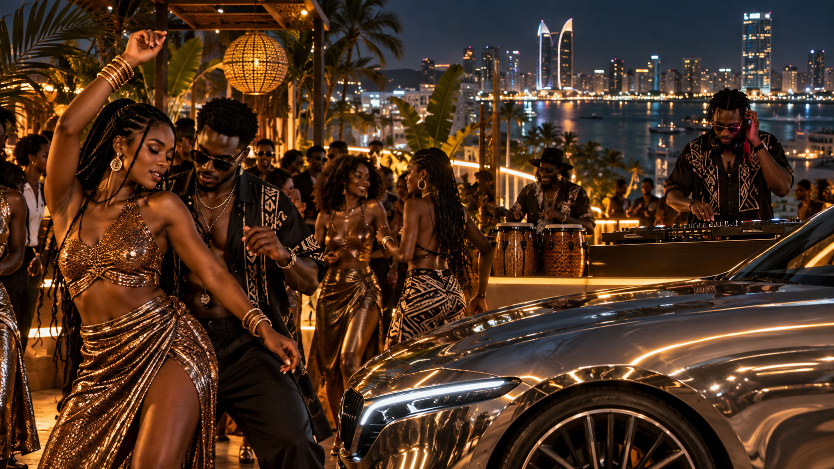 Chrome car under neon lights at night with club glow and rhythmic light streaks, premium dark palette with gold accents.