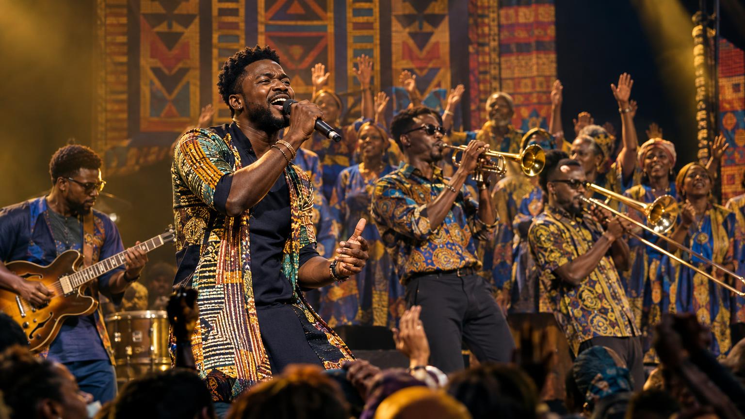Live Afro-Funk performance with lead singer, ascending brass, highlife guitarist and a multigenerational community choir celebrating together on stage.